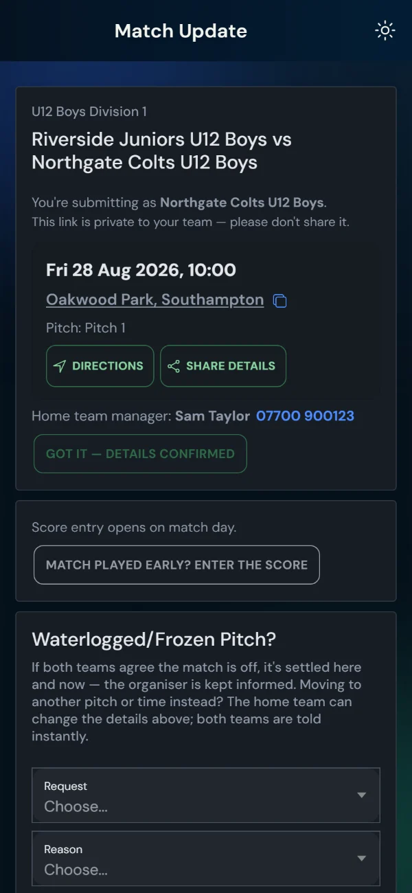 The Waterlogged/Frozen Pitch section: request a postponement or cancellation with a reason (phone)