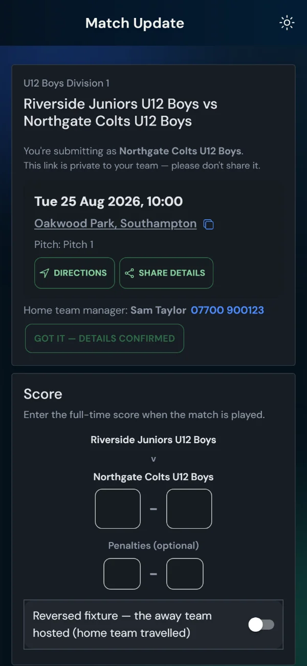 Score entry on the match page: two boxes for the full-time score and a save button (phone)