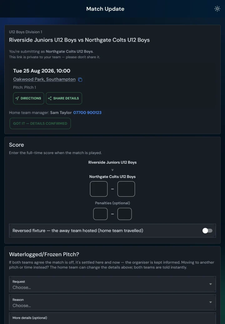 Score entry on the match page: two boxes for the full-time score and a save button (tablet)
