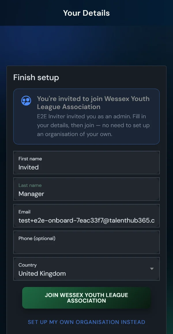 The final setup step for an invited person: a card names the inviting organisation and who invited them, and the button reads Join — no organisation of their own to create.