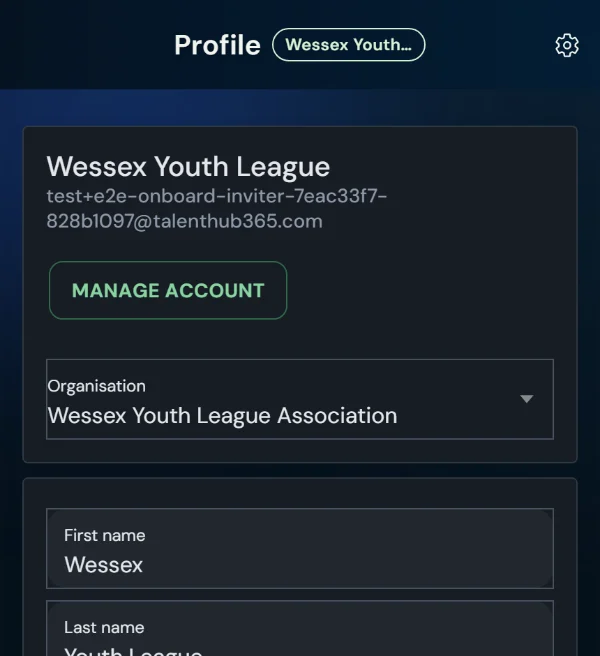 The Profile page for a member of two organisations: an Organisation picker sits under Manage Account and switches the whole app.