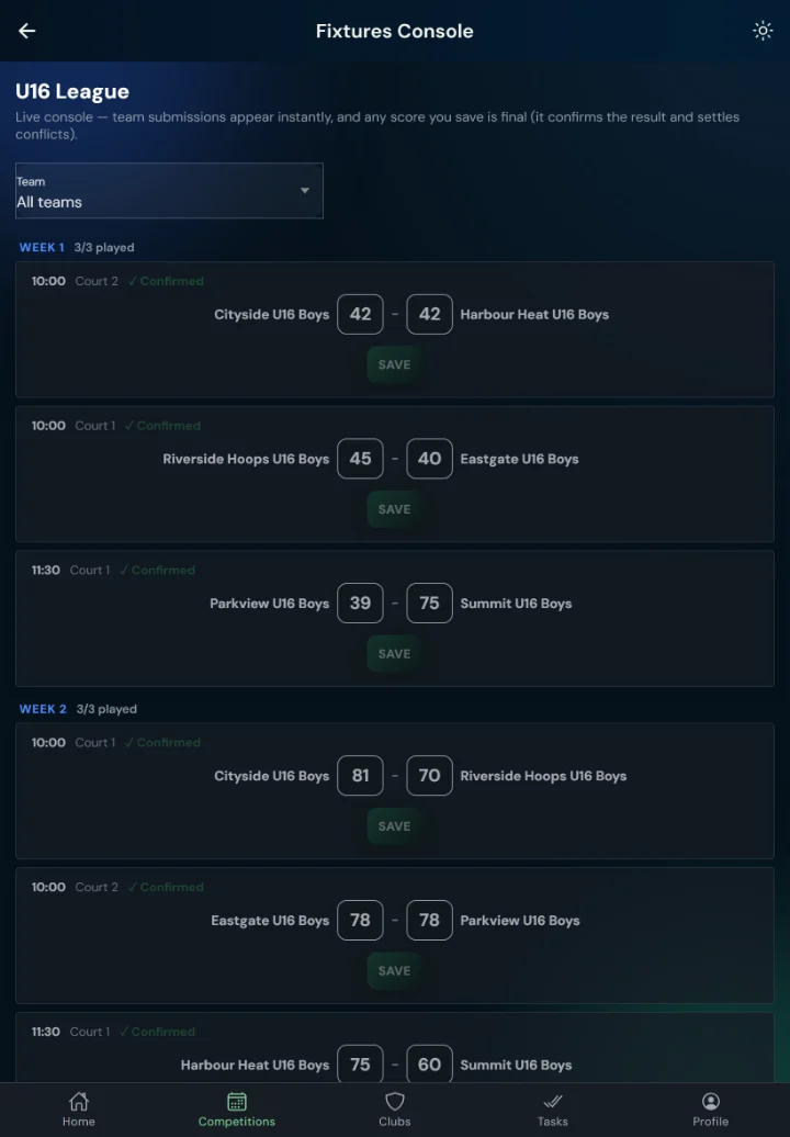 LeagueHub365 fixtures console for a basketball league: every fixture in one list with in-place score entry (tablet)