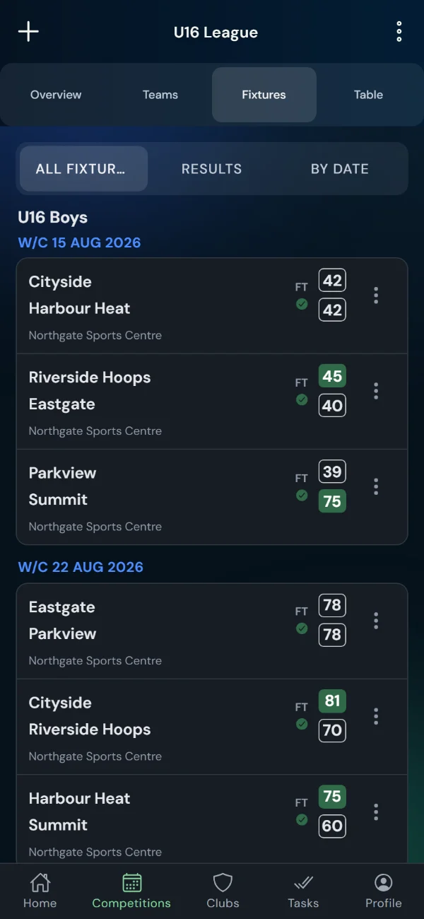 LeagueHub365 fixtures for a basketball league: full-time scores, confirmed results and upcoming games with venue (phone)