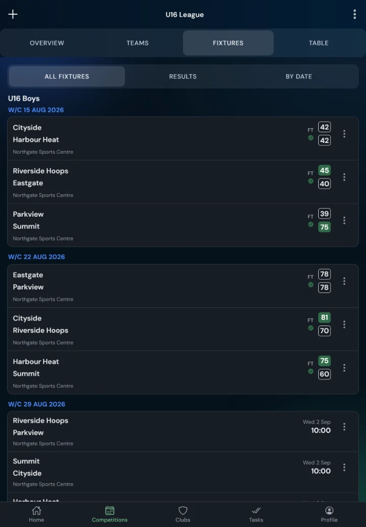 LeagueHub365 fixtures for a basketball league: full-time scores, confirmed results and upcoming games with venue (tablet)