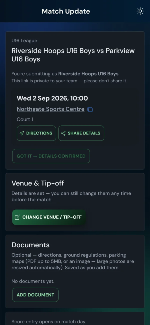 LeagueHub365 team match page for a basketball fixture: venue and kick-off, directions, details confirmation, score entry — no login (phone)