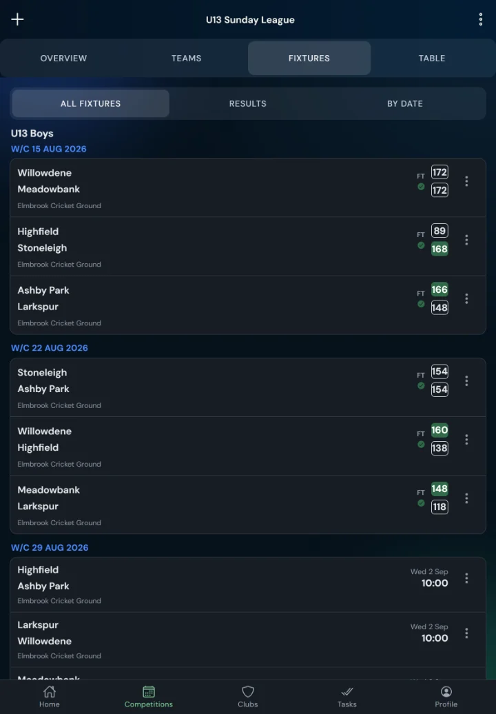 LeagueHub365 fixtures for a cricket league: full-time scores, confirmed results and upcoming games with venue (tablet)