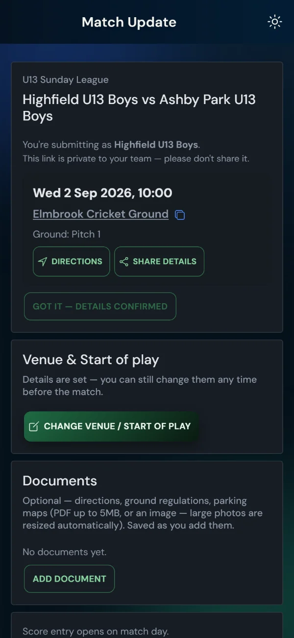 LeagueHub365 team match page for a cricket fixture: venue and kick-off, directions, details confirmation, score entry — no login (phone)