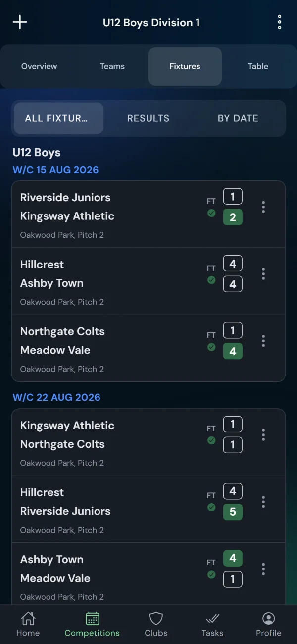 LeagueHub365 fixtures for a football league: full-time scores, confirmed results and upcoming games with venue (phone)