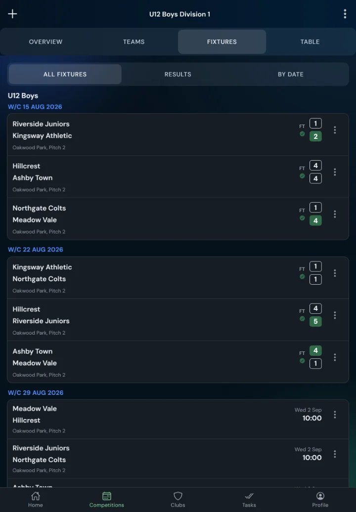 LeagueHub365 fixtures for a football league: full-time scores, confirmed results and upcoming games with venue (tablet)