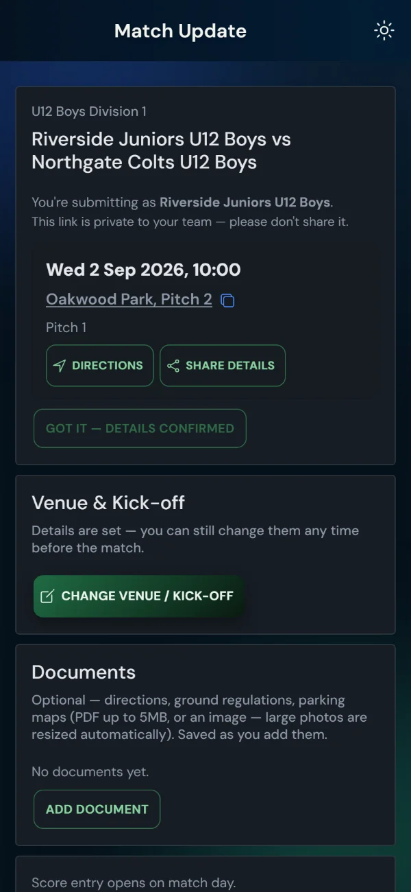 LeagueHub365 team match page for a football fixture: venue and kick-off, directions, details confirmation, score entry — no login (phone)