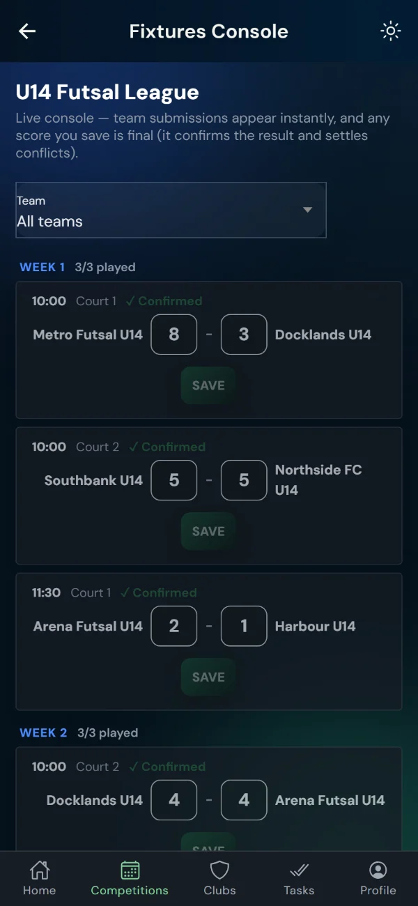 LeagueHub365 fixtures console for a futsal league: every fixture in one list with in-place score entry (phone)