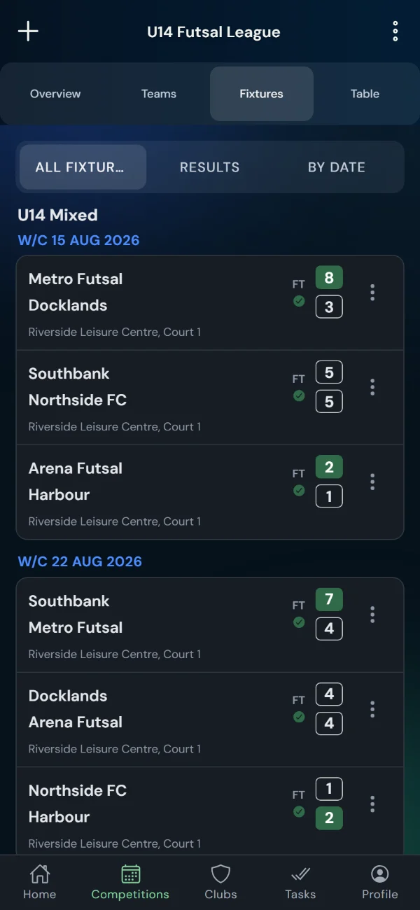 LeagueHub365 fixtures for a futsal league: full-time scores, confirmed results and upcoming games with venue (phone)