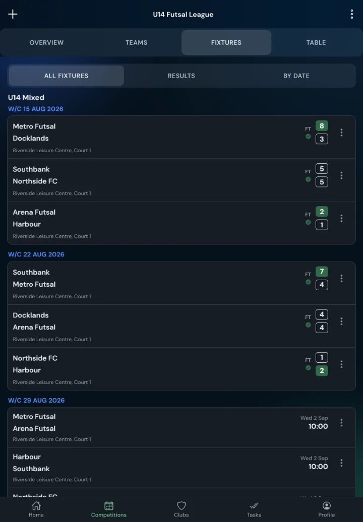 LeagueHub365 fixtures for a futsal league: full-time scores, confirmed results and upcoming games with venue (tablet)