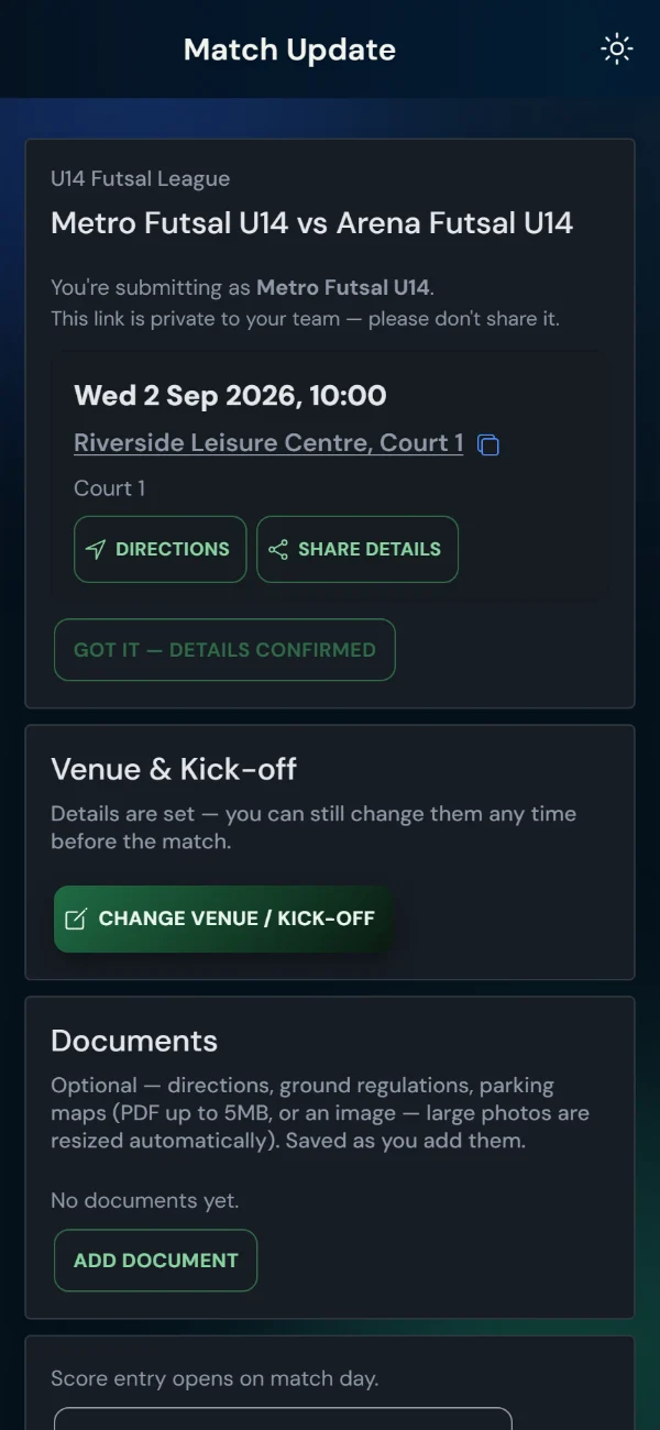 LeagueHub365 team match page for a futsal fixture: venue and kick-off, directions, details confirmation, score entry — no login (phone)