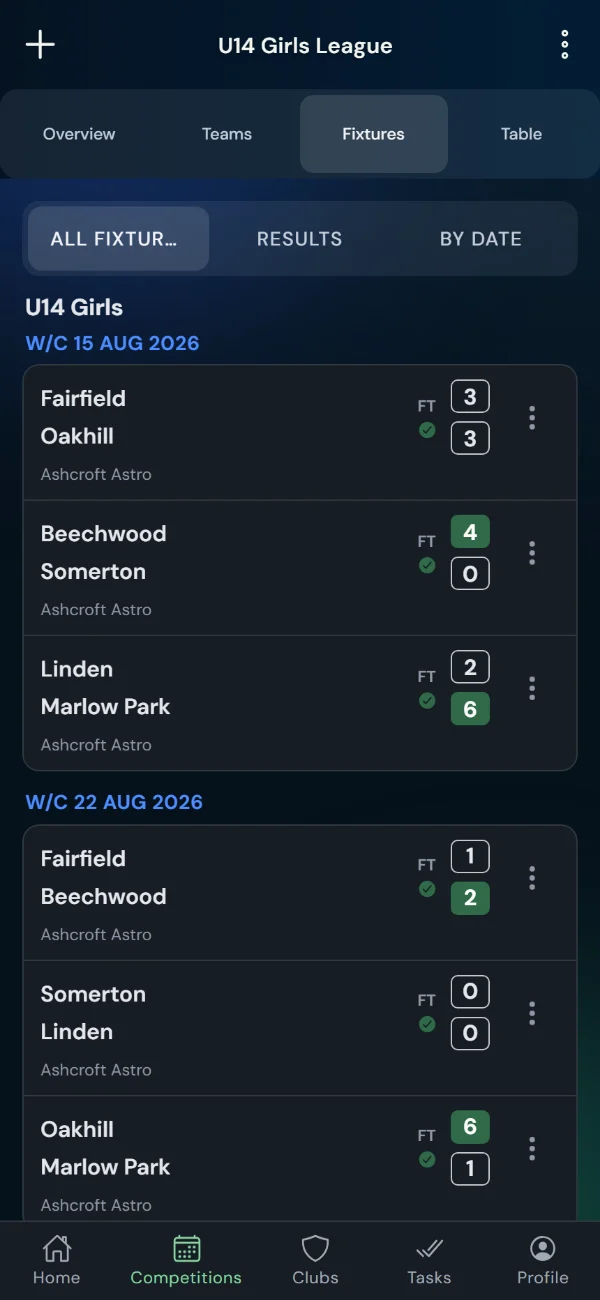 LeagueHub365 fixtures for a hockey league: full-time scores, confirmed results and upcoming games with venue (phone)