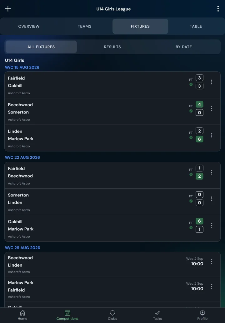LeagueHub365 fixtures for a hockey league: full-time scores, confirmed results and upcoming games with venue (tablet)