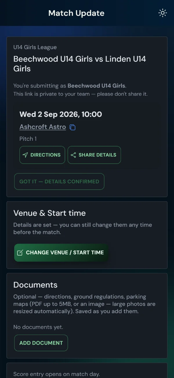 LeagueHub365 team match page for a hockey fixture: venue and kick-off, directions, details confirmation, score entry — no login (phone)