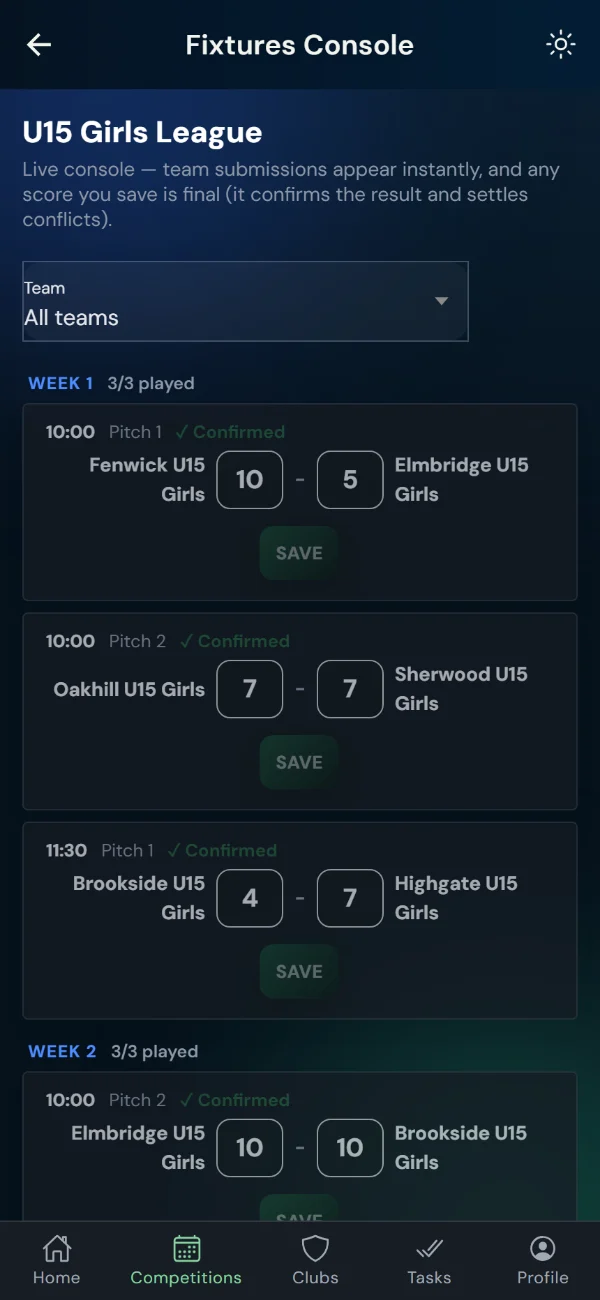 LeagueHub365 fixtures console for a lacrosse league: every fixture in one list with in-place score entry (phone)