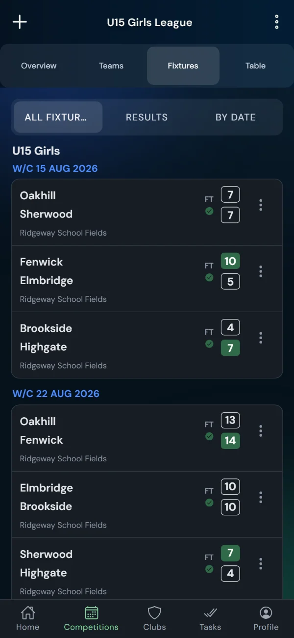 LeagueHub365 fixtures for a lacrosse league: full-time scores, confirmed results and upcoming games with venue (phone)
