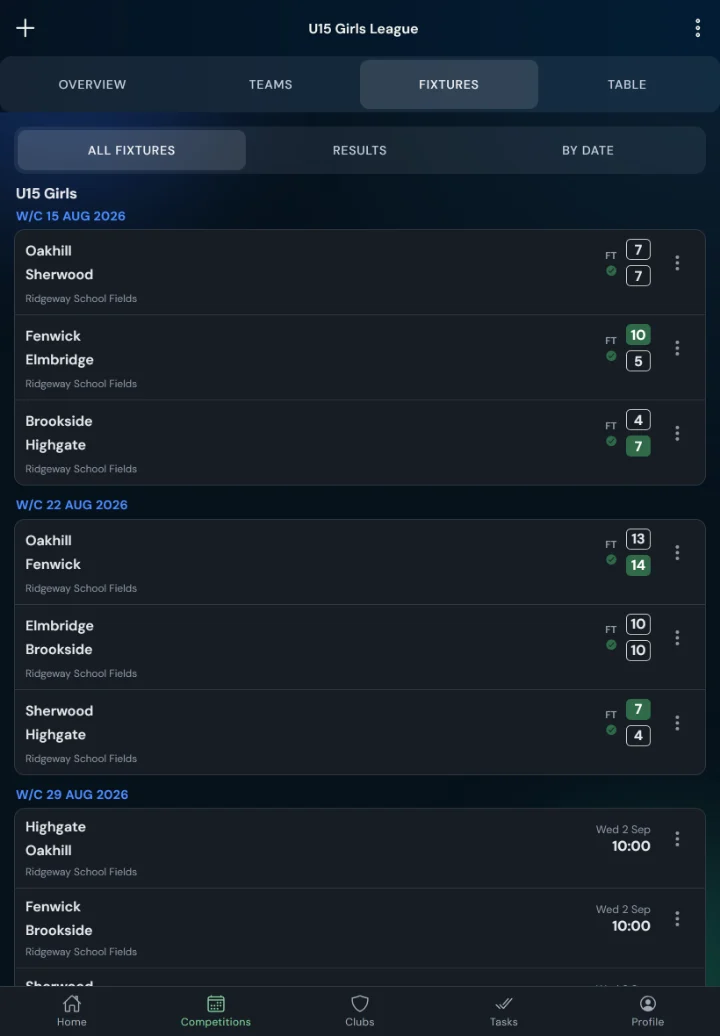 LeagueHub365 fixtures for a lacrosse league: full-time scores, confirmed results and upcoming games with venue (tablet)