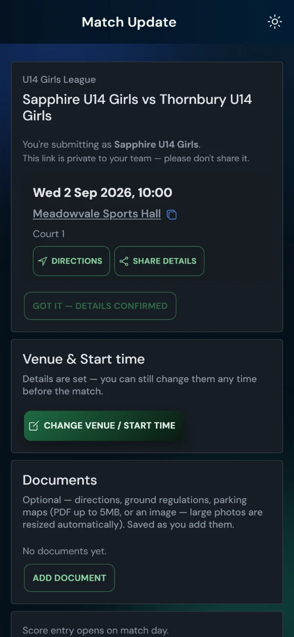 LeagueHub365 team match page for a netball fixture: venue and kick-off, directions, details confirmation, score entry — no login (phone)