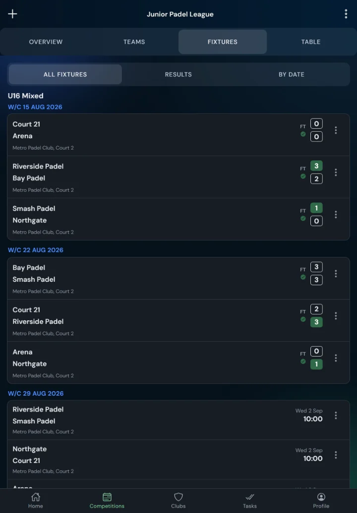 LeagueHub365 fixtures for a padel league: full-time scores, confirmed results and upcoming games with venue (tablet)