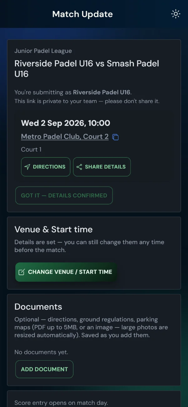 LeagueHub365 team match page for a padel fixture: venue and kick-off, directions, details confirmation, score entry — no login (phone)