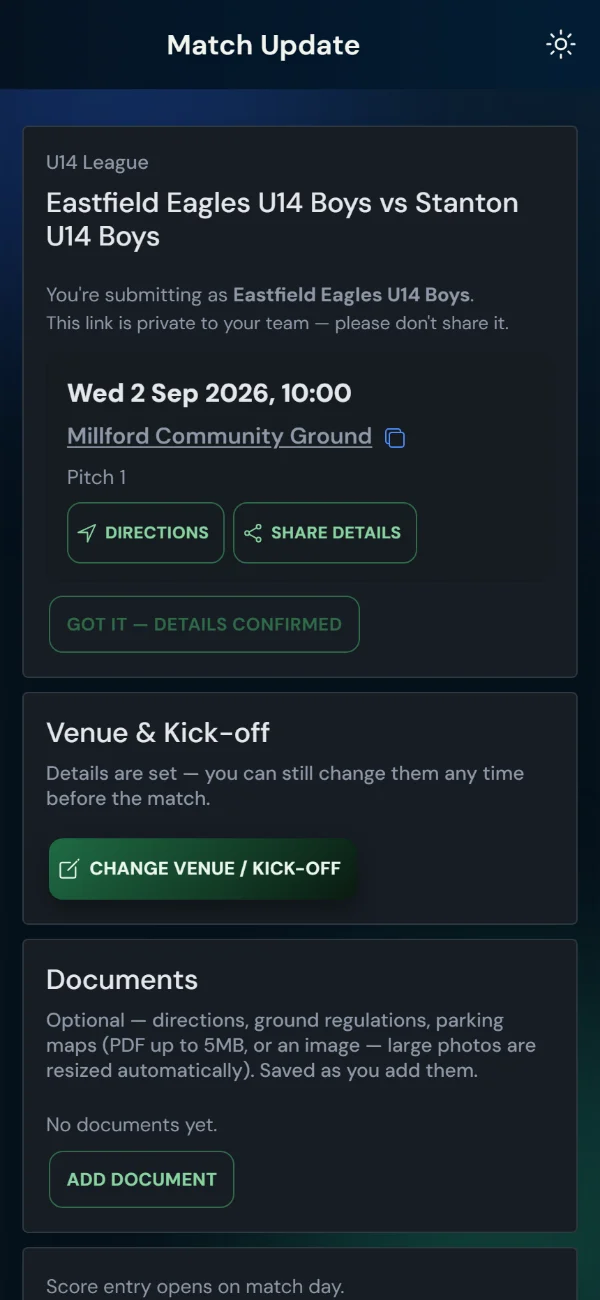 LeagueHub365 team match page for a rugby league fixture: venue and kick-off, directions, details confirmation, score entry — no login (phone)