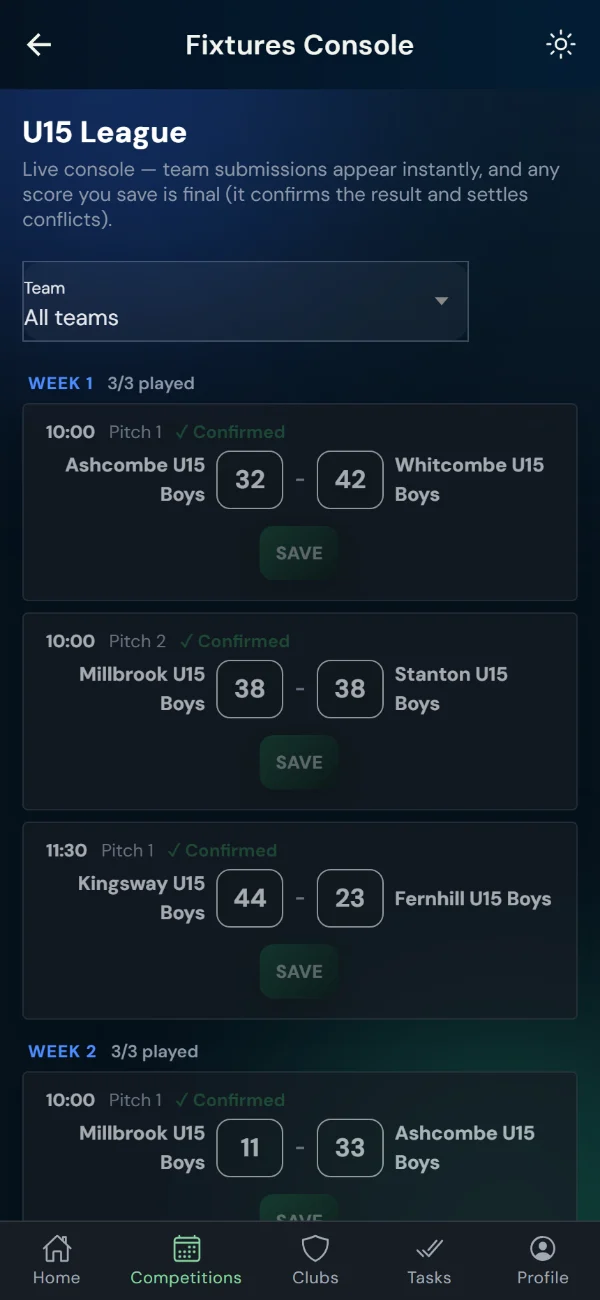 LeagueHub365 fixtures console for a rugby union league: every fixture in one list with in-place score entry (phone)