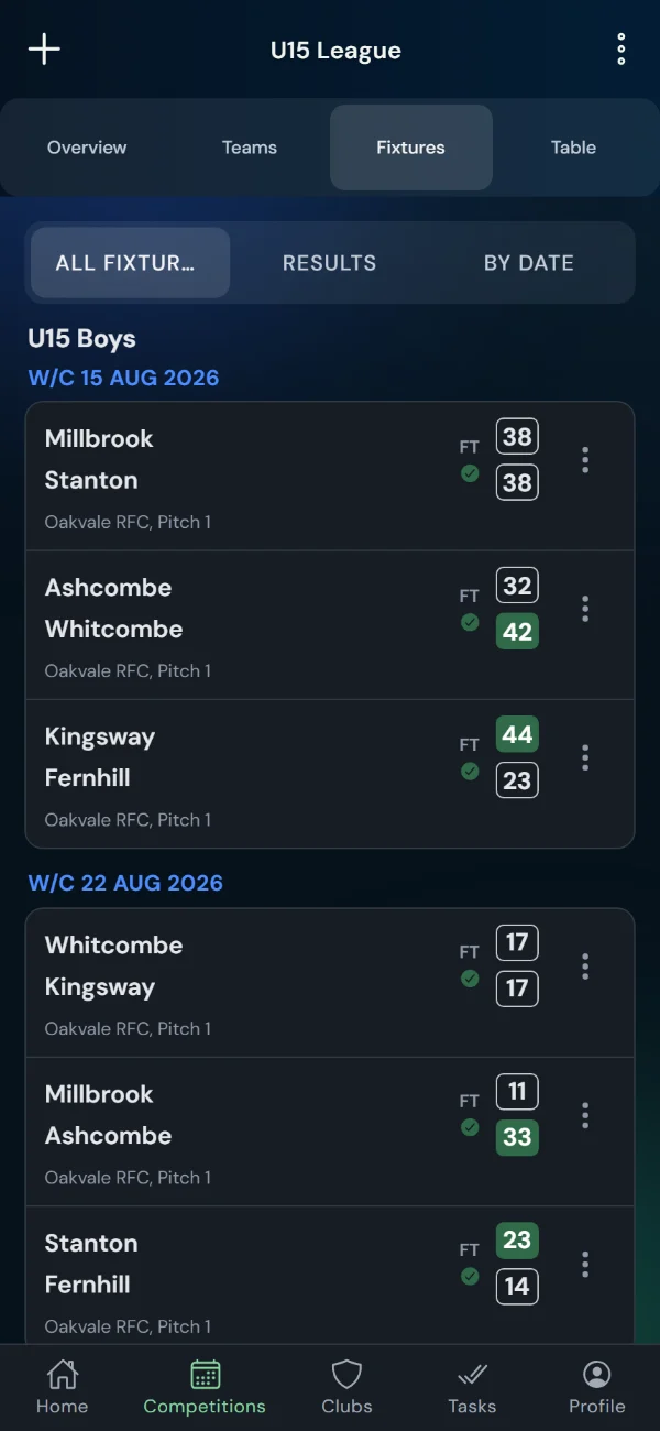 LeagueHub365 fixtures for a rugby union league: full-time scores, confirmed results and upcoming games with venue (phone)