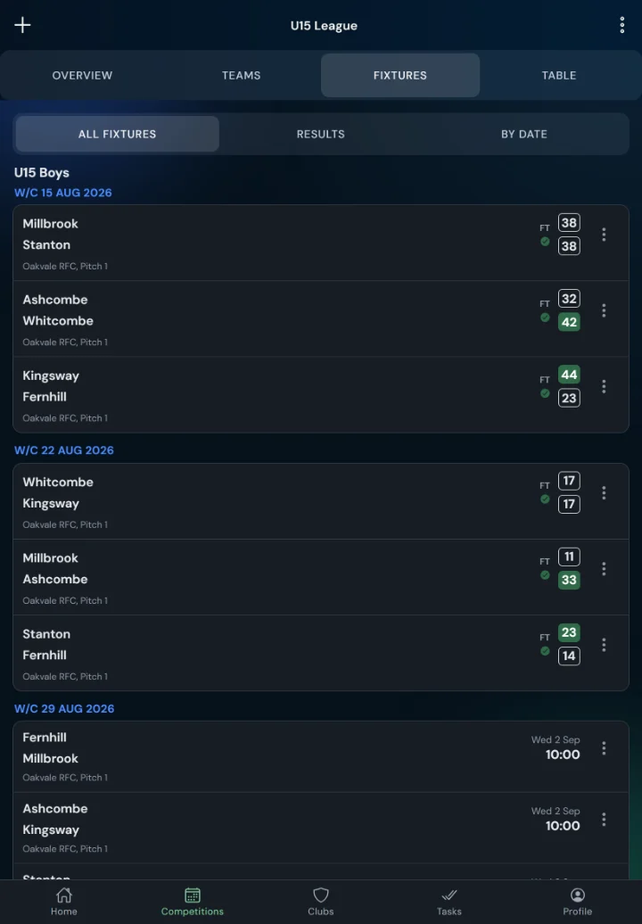 LeagueHub365 fixtures for a rugby union league: full-time scores, confirmed results and upcoming games with venue (tablet)
