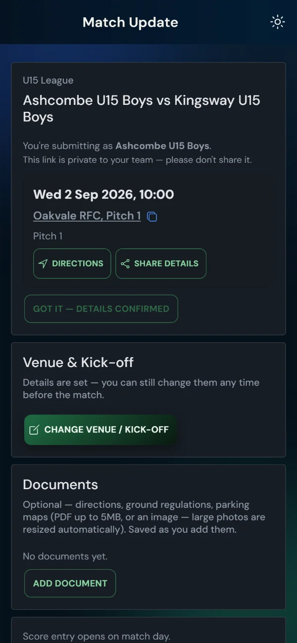 LeagueHub365 team match page for a rugby union fixture: venue and kick-off, directions, details confirmation, score entry — no login (phone)