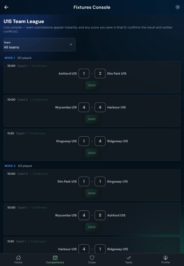 LeagueHub365 fixtures console for a squash league: every fixture in one list with in-place score entry (tablet)