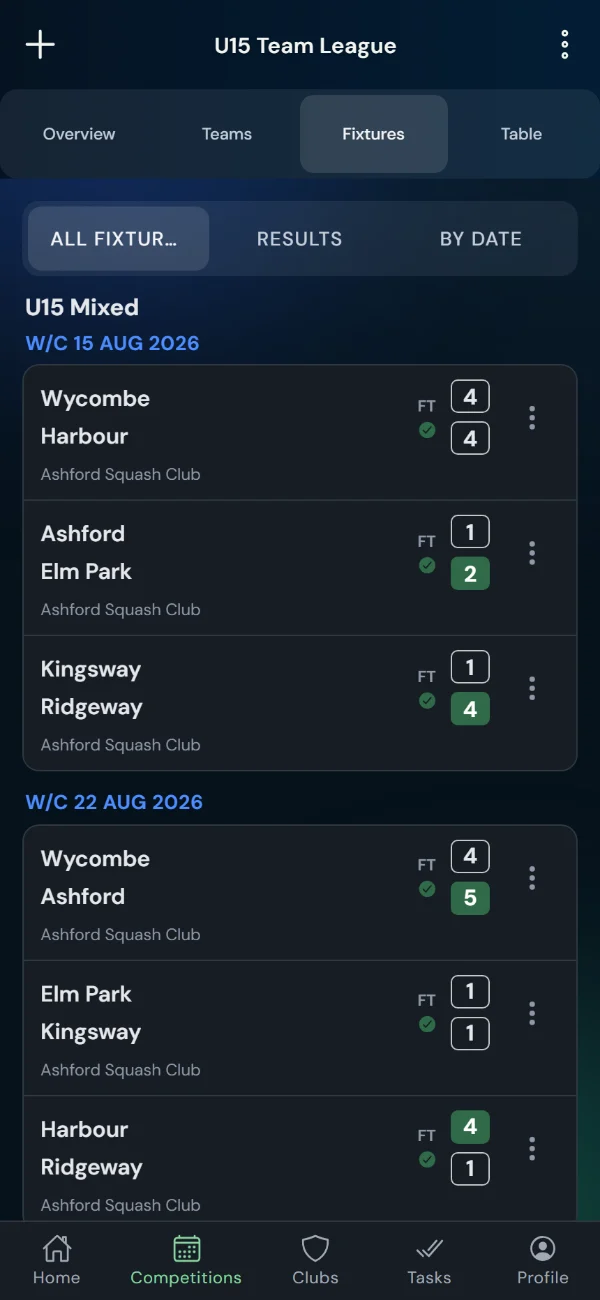 LeagueHub365 fixtures for a squash league: full-time scores, confirmed results and upcoming games with venue (phone)