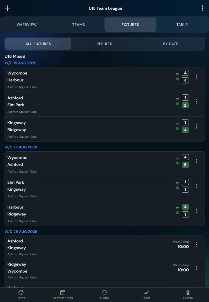 LeagueHub365 fixtures for a squash league: full-time scores, confirmed results and upcoming games with venue (tablet)