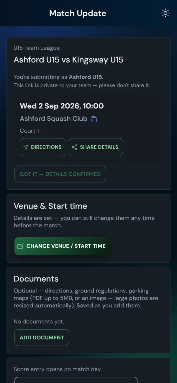 LeagueHub365 team match page for a squash fixture: venue and kick-off, directions, details confirmation, score entry — no login (phone)