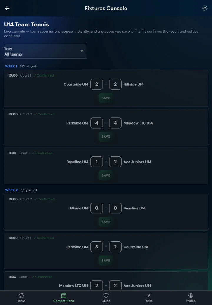 LeagueHub365 fixtures console for a tennis league: every fixture in one list with in-place score entry (tablet)
