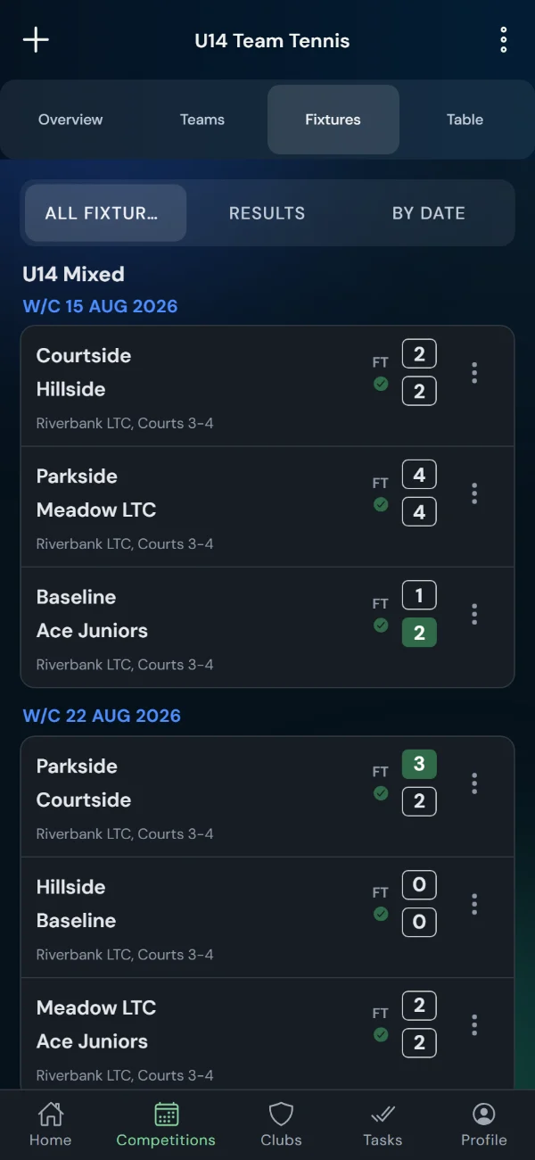 LeagueHub365 fixtures for a tennis league: full-time scores, confirmed results and upcoming games with venue (phone)
