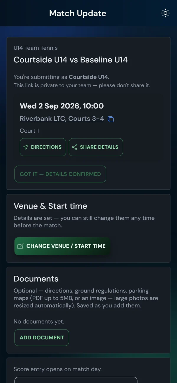 LeagueHub365 team match page for a tennis fixture: venue and kick-off, directions, details confirmation, score entry — no login (phone)
