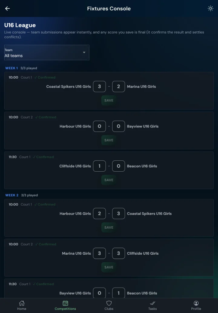 LeagueHub365 fixtures console for a volleyball league: every fixture in one list with in-place score entry (tablet)