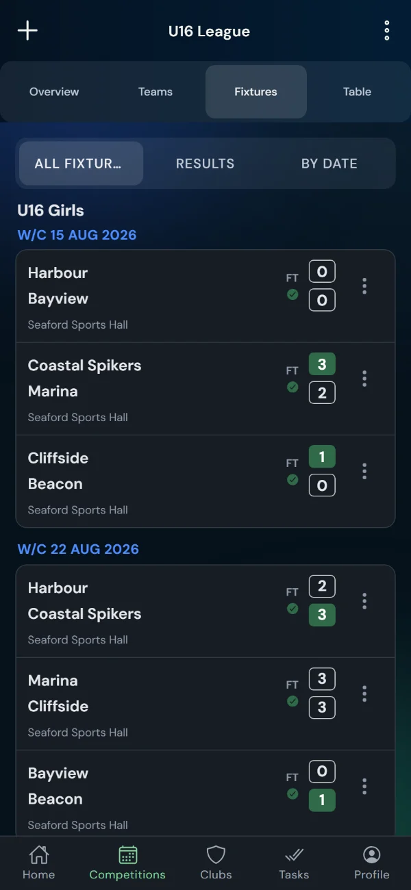 LeagueHub365 fixtures for a volleyball league: full-time scores, confirmed results and upcoming games with venue (phone)
