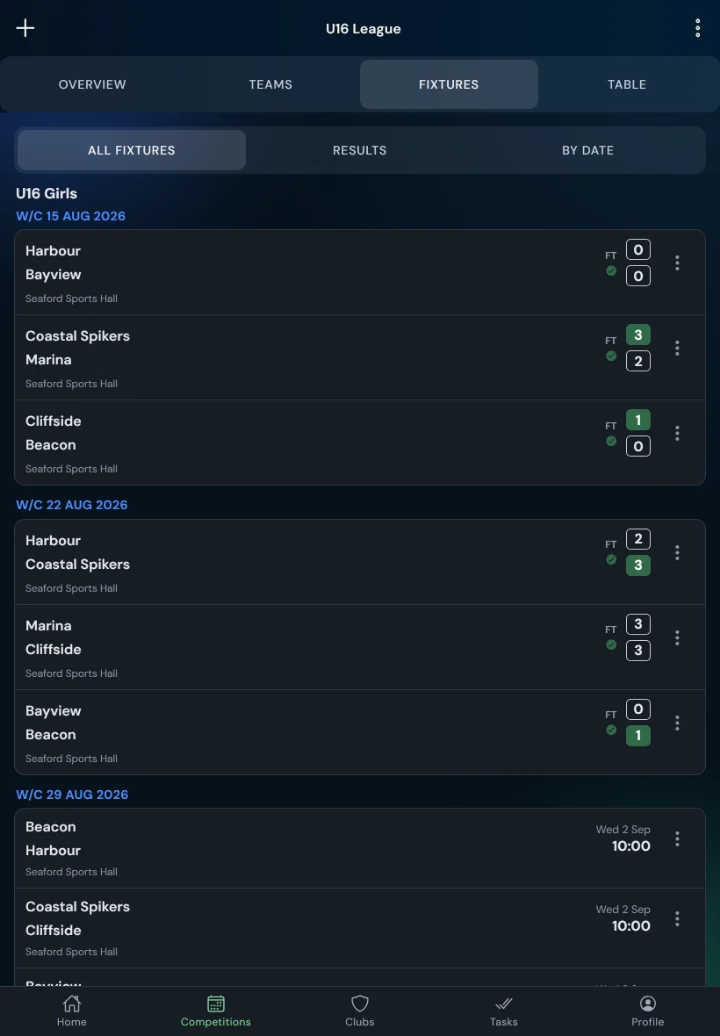 LeagueHub365 fixtures for a volleyball league: full-time scores, confirmed results and upcoming games with venue (tablet)
