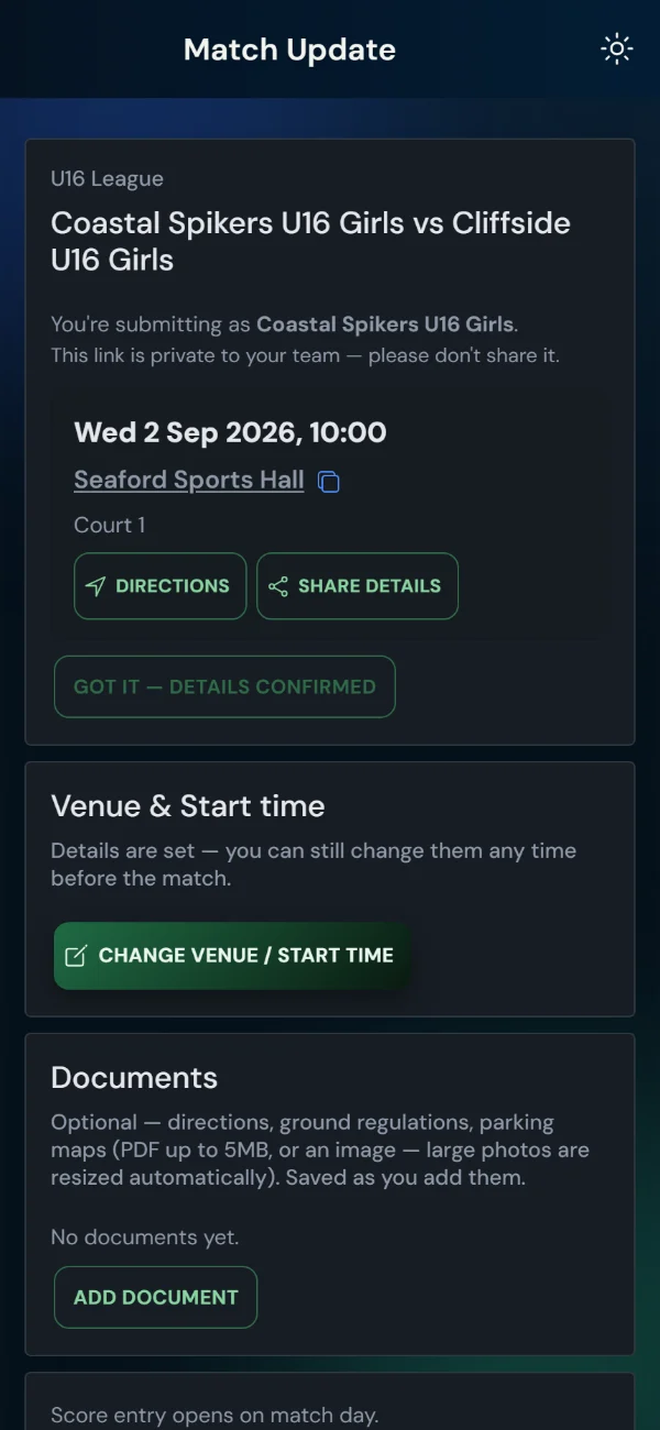 LeagueHub365 team match page for a volleyball fixture: venue and kick-off, directions, details confirmation, score entry — no login (phone)