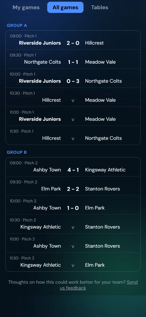 The Day Sheet's All games tab: every game by group with its time, pitch and score, the team's own games in bold (phone)
