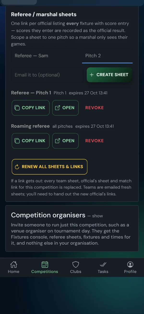 The tournament Overview's Referee / marshal sheets: label, pitch and email boxes with Create sheet, and two sheets made, one for Pitch 1 and one for all pitches (phone)