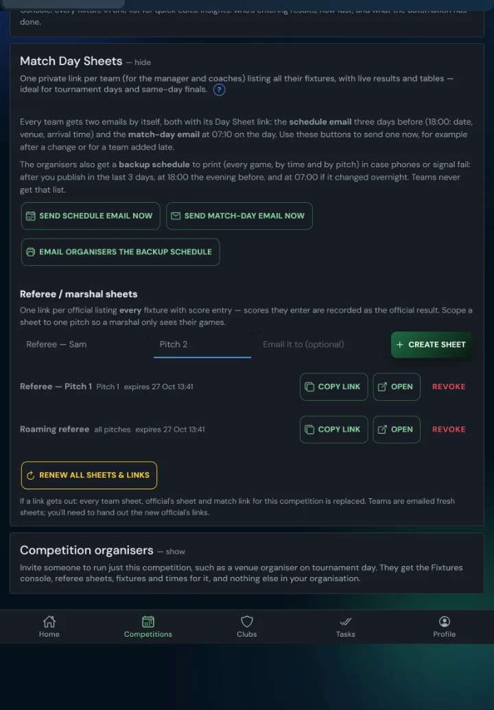 The tournament Overview's Referee / marshal sheets: label, pitch and email boxes with Create sheet, and two sheets made, one for Pitch 1 and one for all pitches (tablet)